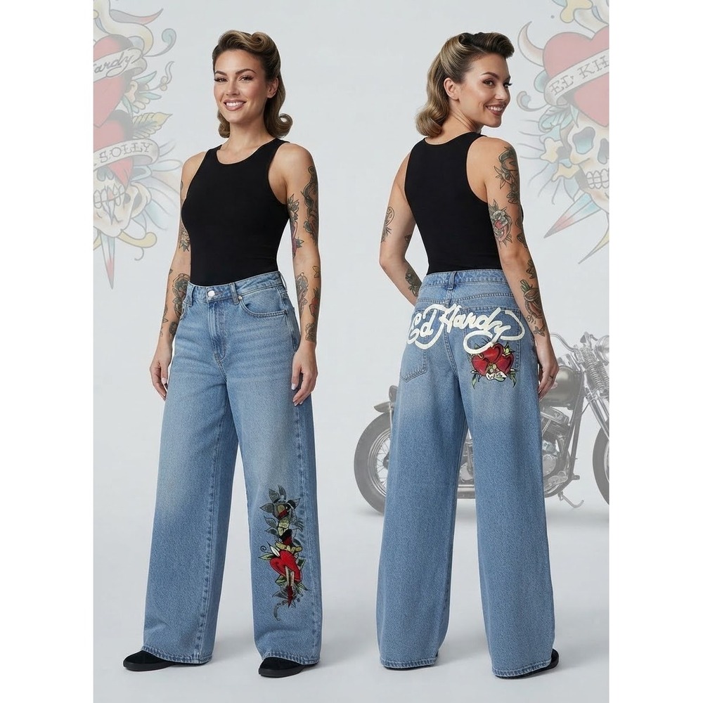 Ed Hardy Women Blue Wide Leg Tattoo Graphic Denim Jeans Size 34 NWT